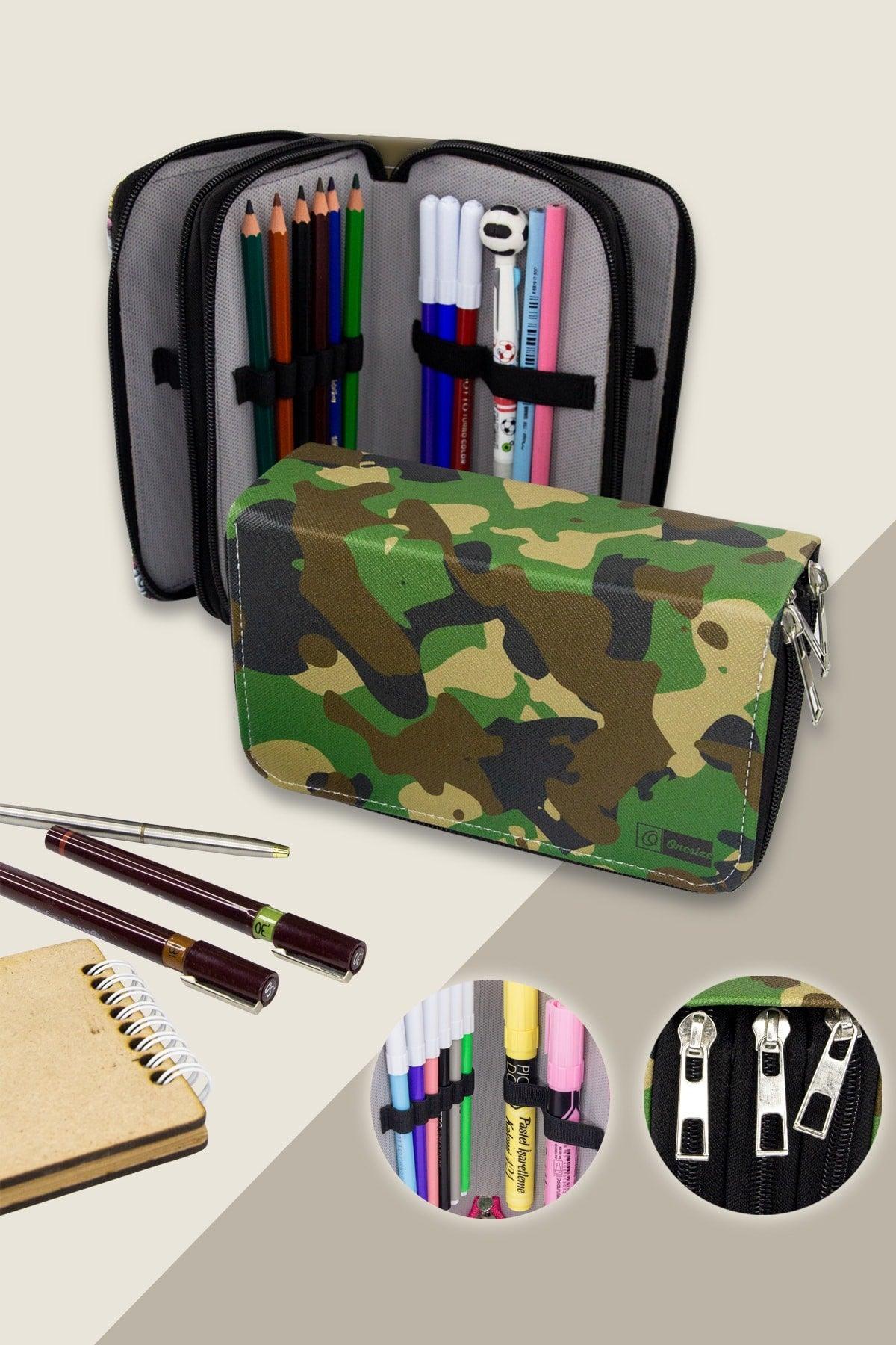 Pencil Case Camouflage Three Compartment Vegan Leather