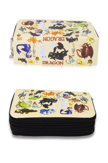 Pencil Case Dragon Three Compartment Vegan Leather