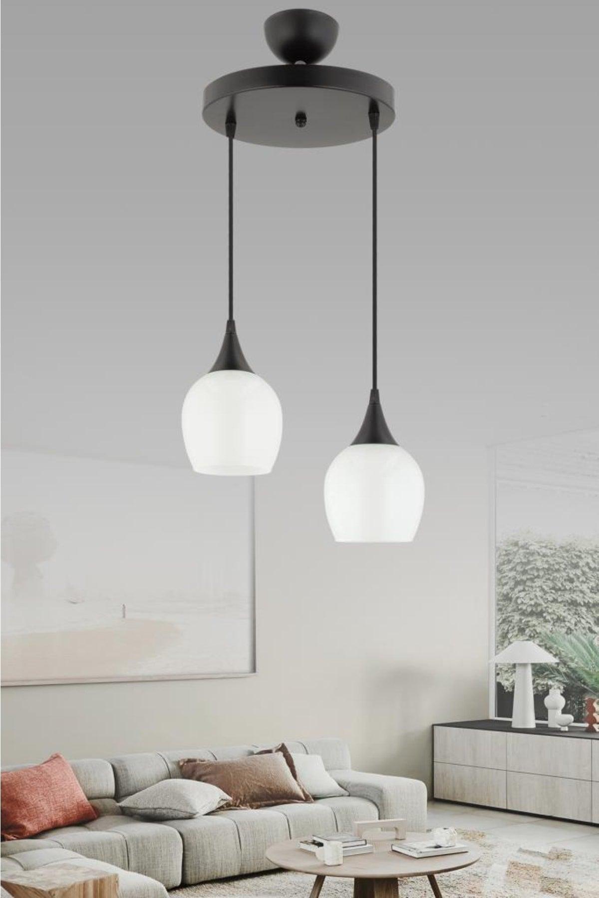 Pendant Lamp 2 Black and White Opaque Glass Chandelier - Swordslife