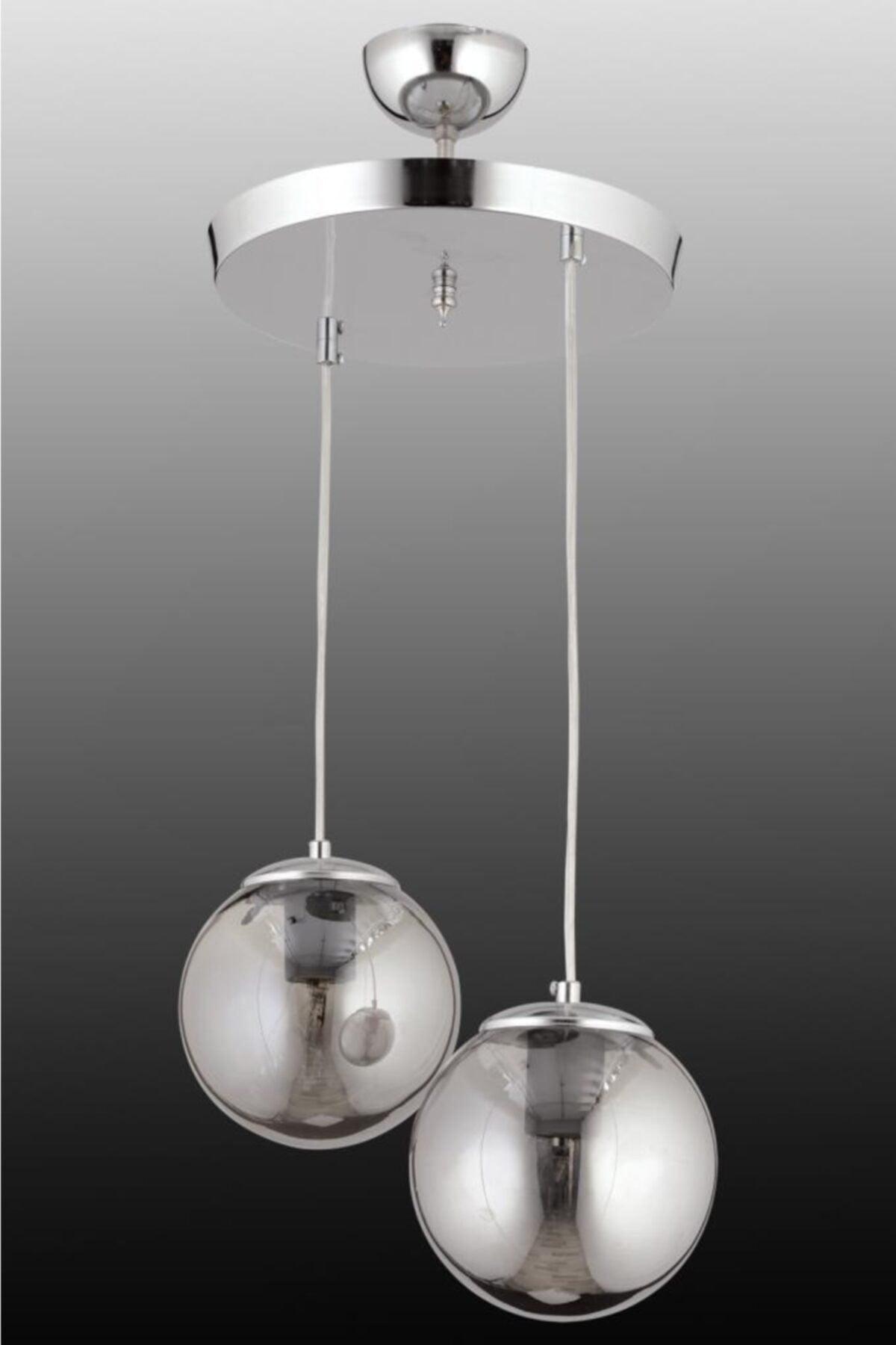 Pendant Lamp 2 Silver Smoked Globe Glass Chandelier - Swordslife