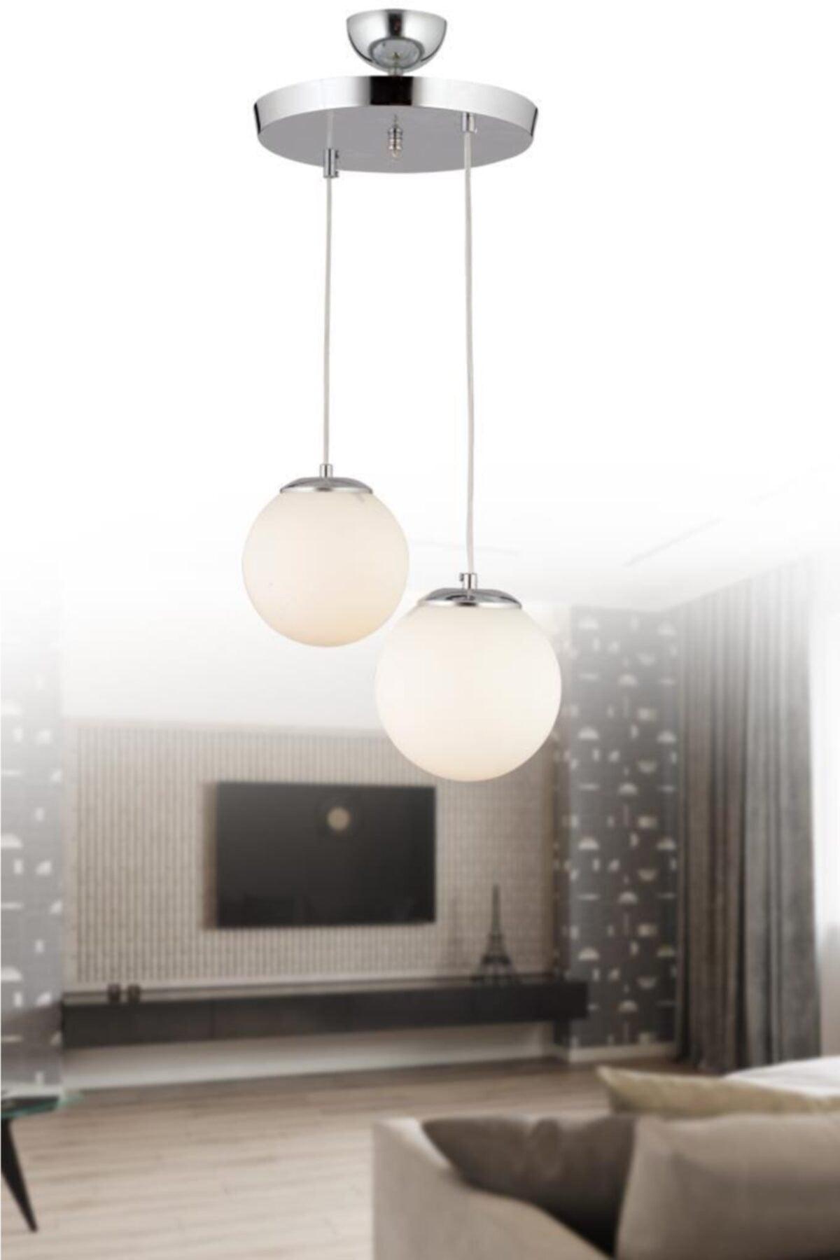 Pendant Lamp 2 Silver White Globe Glass Chandelier - Swordslife