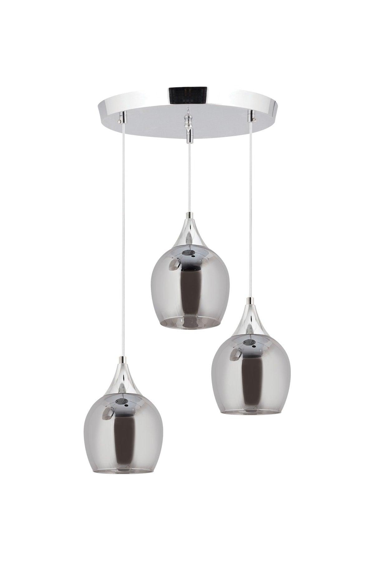 Pendant Lamp 3 Pieces Silver Smoked Opaque Glass Chandelier with Funnel