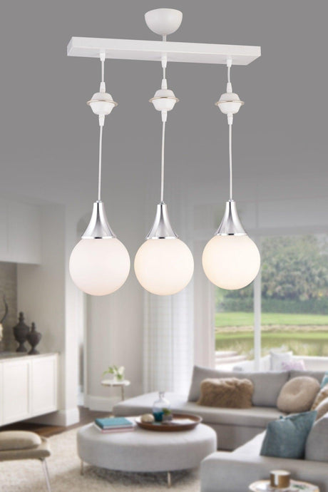 Luxurious Chandelier With Suspension Row White 3 Pcs. White Globe Glass Chrome Downward Facing - Swordslife