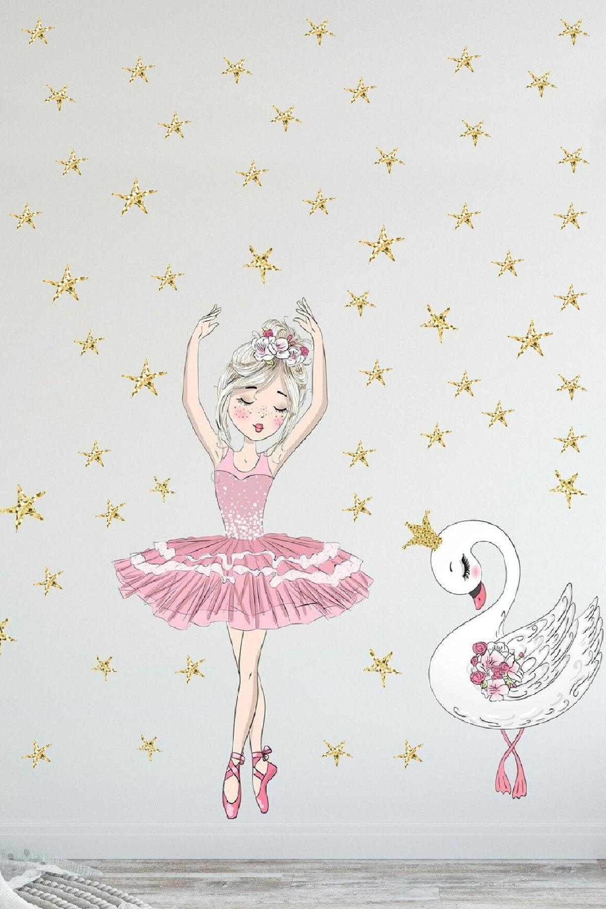 Pink Ballerina And 70 Pieces Star Mega Wall Sticker Set - Swordslife
