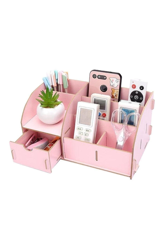 Pink Wooden Desktop Pencil Holder With Drawer Pen