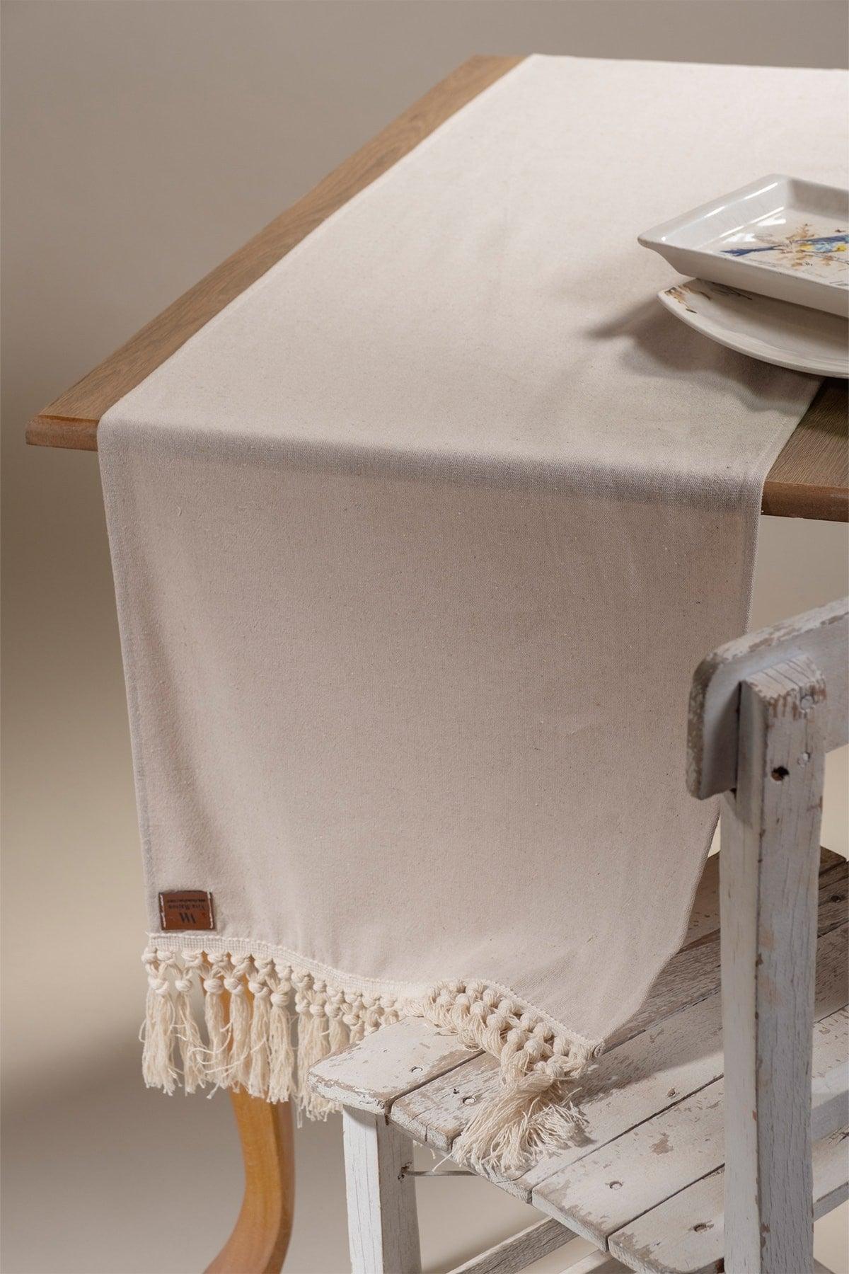 Plain Beige Long Tasseled Cotton Fabric 45x150 Cm Runner Table Cloth - Swordslife