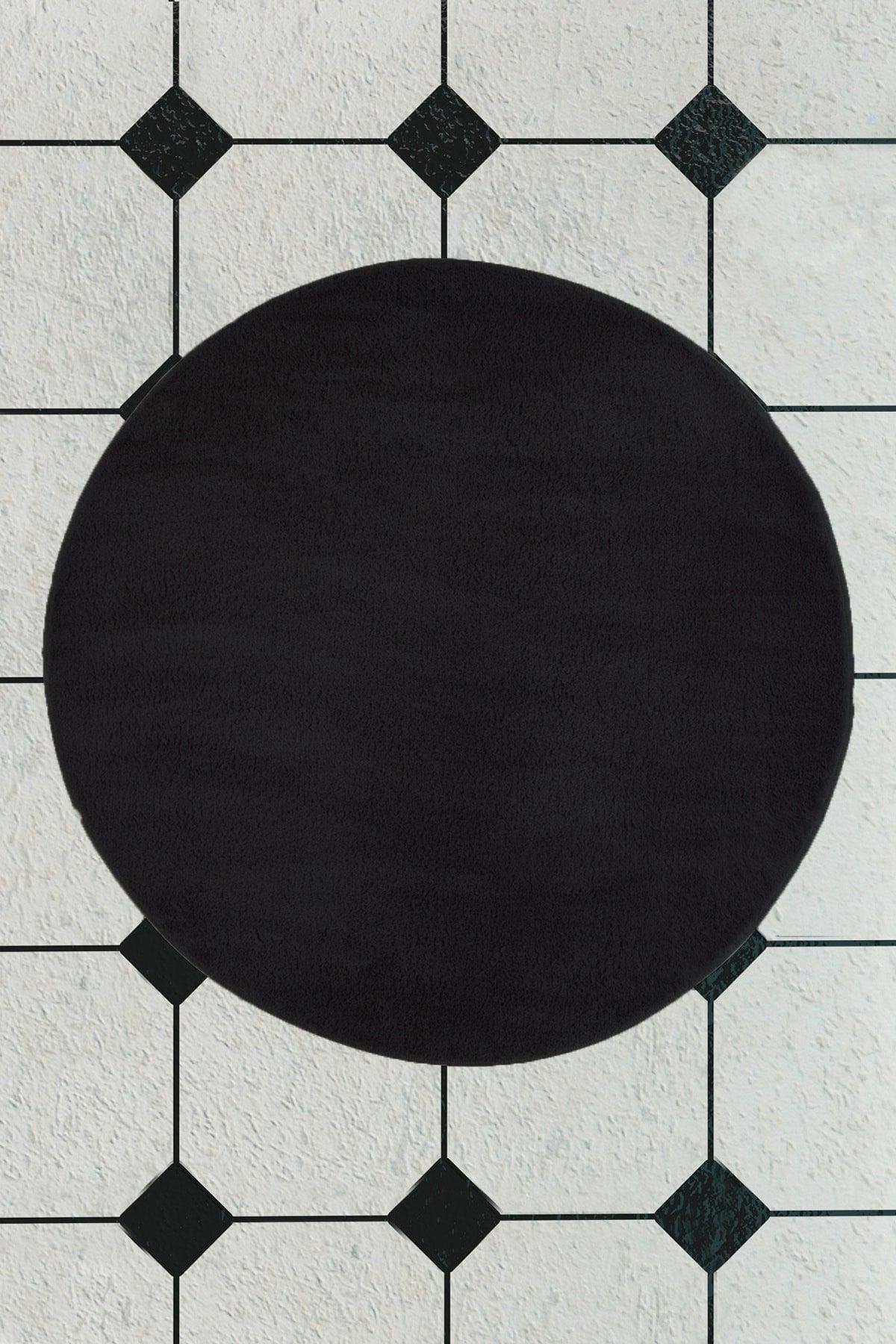 Plush Cap Black Bathroom Rug 100x100 Cm