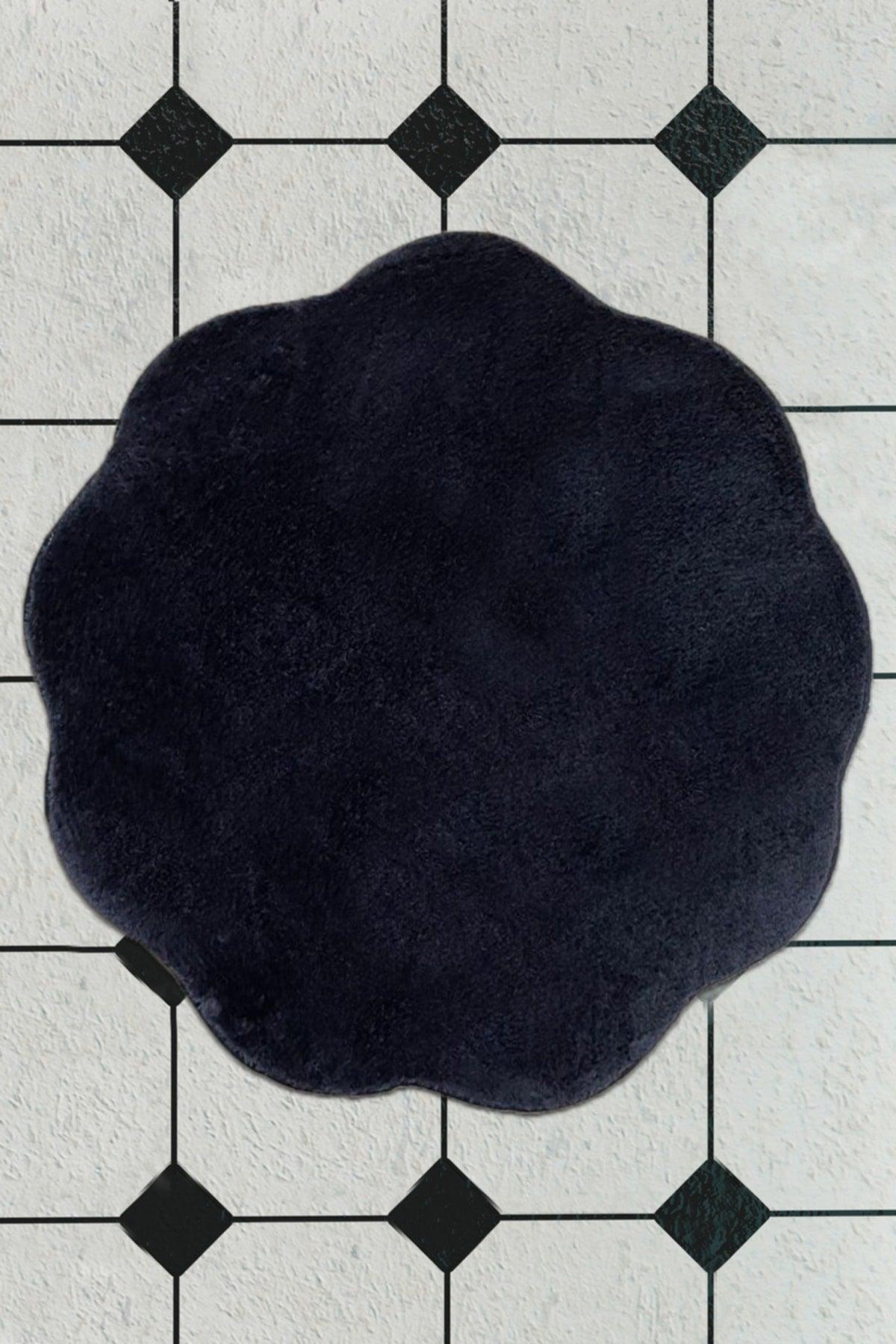 Plush Wavy Black Bathroom Carpet 100x100 cm