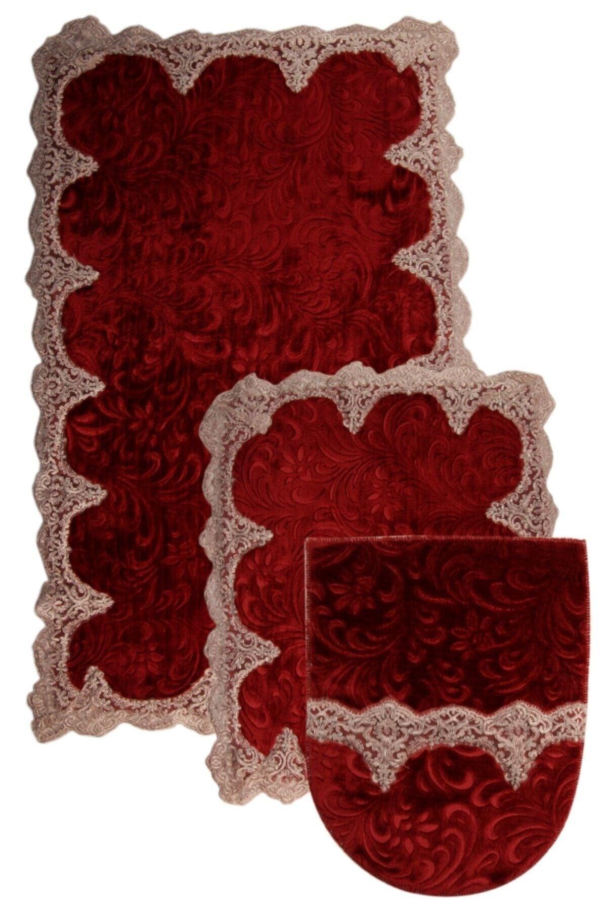 Plush Lux Cornered Claret Red 3 Piece Lacy Closet Set Dowry Bathroom Carpet Mat Set - Swordslife