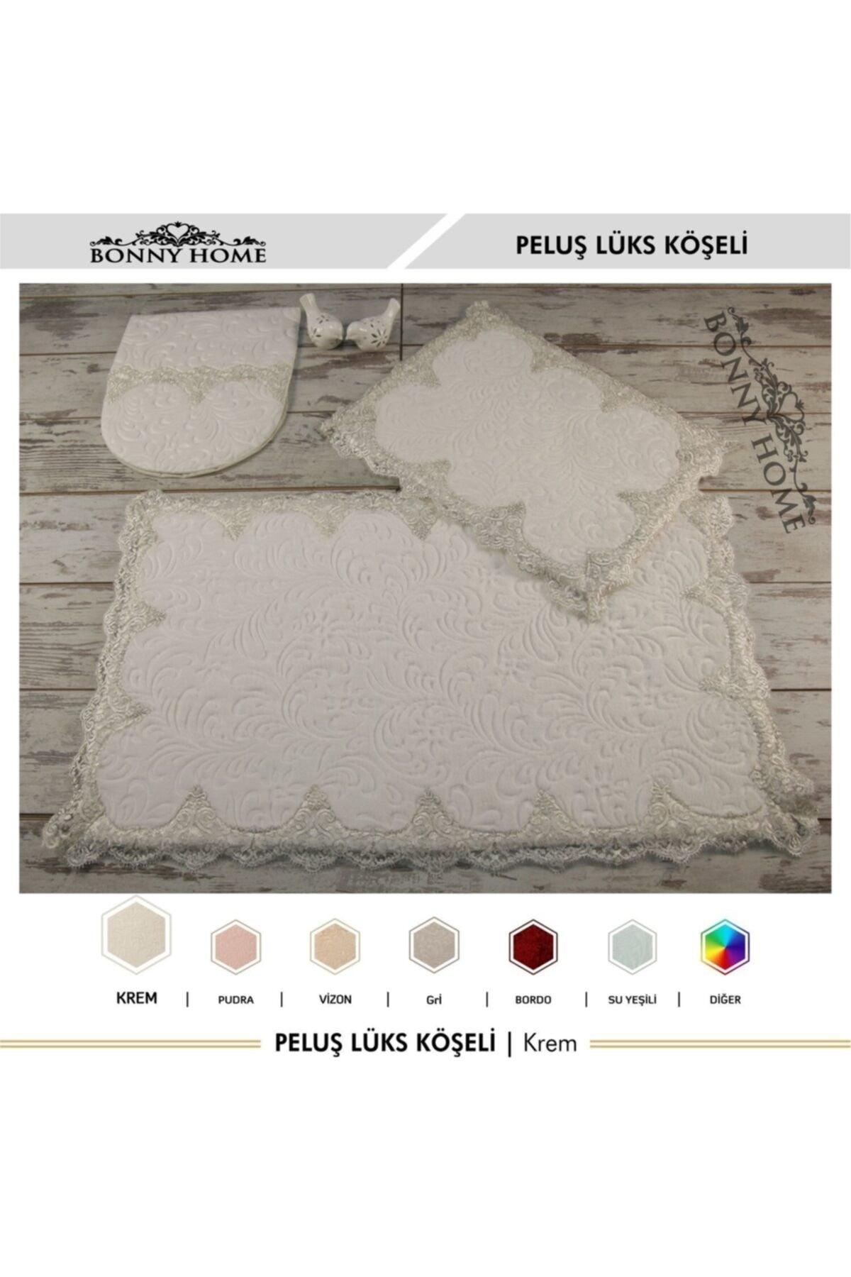 Plush Lux Cornered Cream 3 Piece Lacy Closet Set Dowry Bathroom Carpet Mat Set - Swordslife
