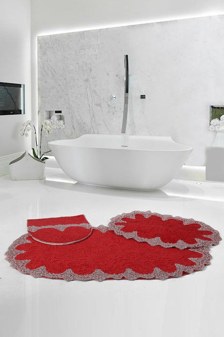 Plush Lux Oval Claret Red 3 Piece Lacy Closet Set Dowry Bathroom Carpet Mat Set - Swordslife