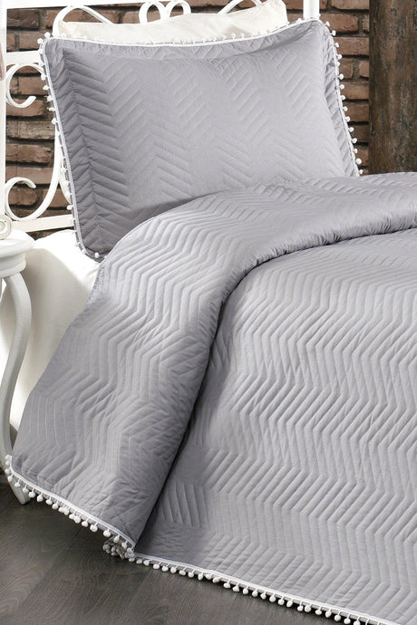 100% Cotton Single Bedspread ( Pique ) Set With Pompom Gray - Swordslife