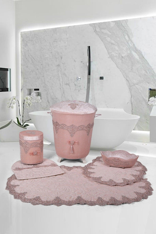 Powder 6 Pcs Lacy Bathroom Dirty Laundry Basket Set + Bath Mat Set - Swordslife