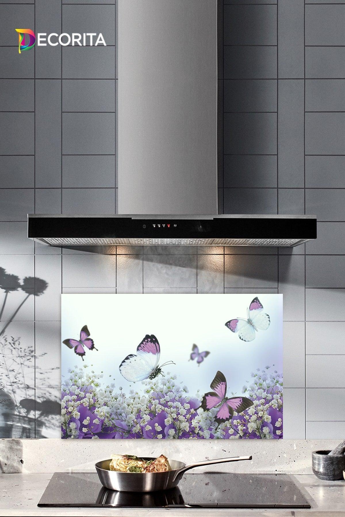 Purple Flowers And Butterflies | Glass Stove Back Protector | 40cm X 60cm - Swordslife