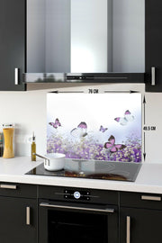 Purple Flowers And Butterflies | Glass Stove Back Protector | 49.5cm X 76cm - Swordslife
