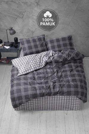 Ranforce Double Elastic Bed Linen Duvet Cover Set Plaid Anthracite - Swordslife