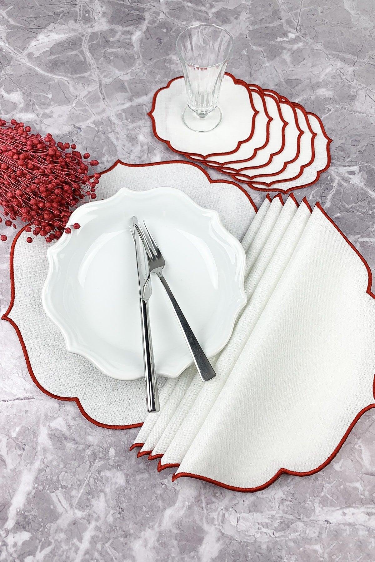 Red Embroidered 12 Piece Set Placemat And Cocktail Napkin - Swordslife