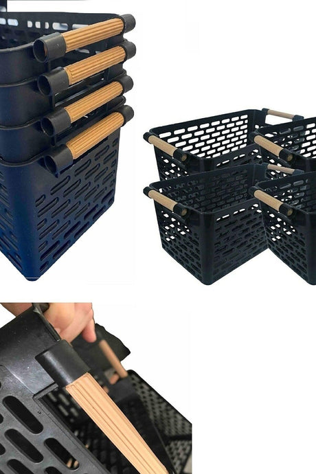 Refrigerator Organizer Black , Plastic Organizer Basket 2 Pieces With Wooden Handle - Swordslife