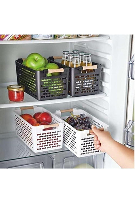 Refrigerator Organizer Black , Plastic Organizer Basket 2 Pieces With Wooden Handle - Swordslife
