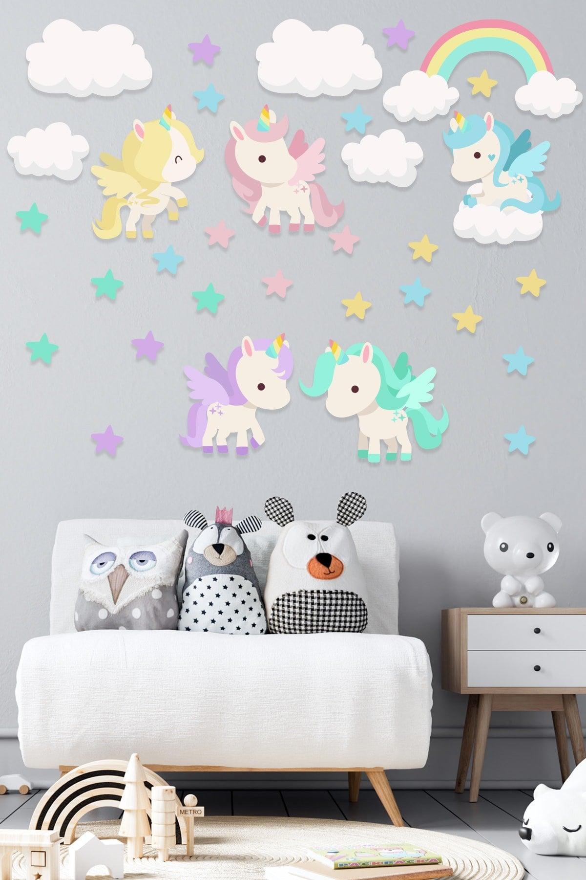 Colorful Unicorns Rainbow Sun And Stars Kids Room Wall Sticker - Swordslife