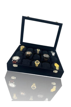 15-Watch Wooden Display Box with Suede Interior and Glass Lid
