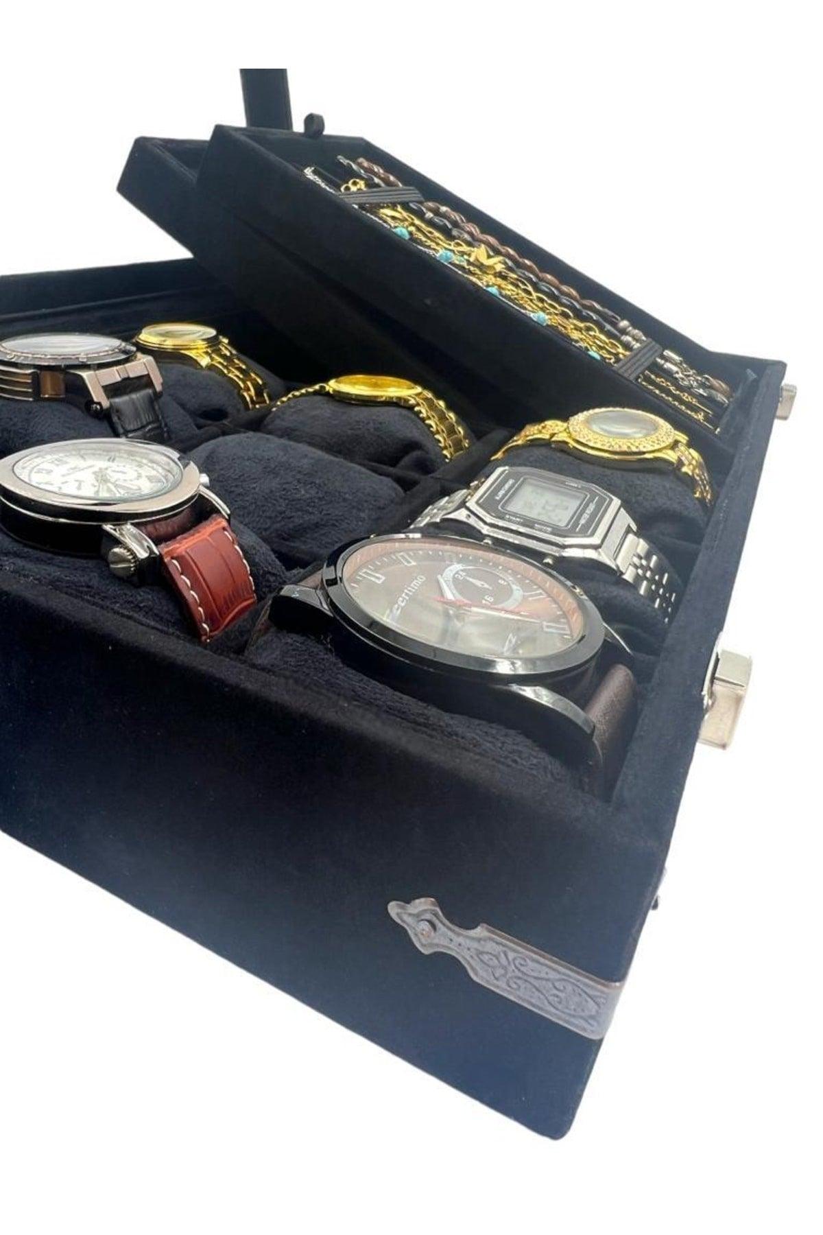 Richbox 9 Watch Bracelet Or Rosary Jewelry Box Decorative Corner Protected Suede Black - Swordslife