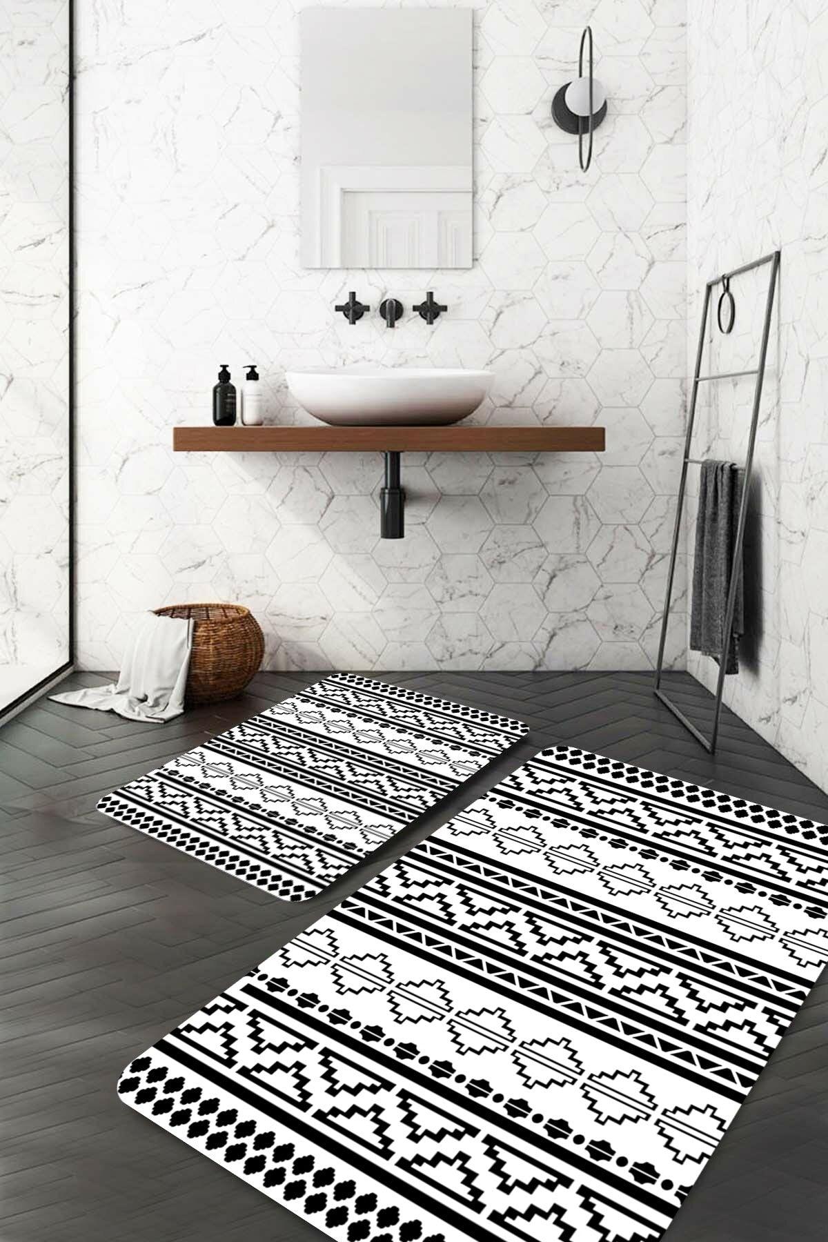 Kilim Motif Black and White Bath Mat