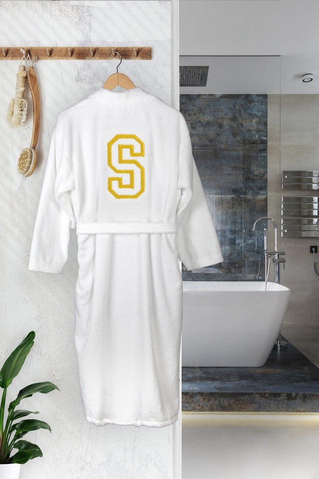 S Letter Gold Color Embroidered Kimono Bathrobe