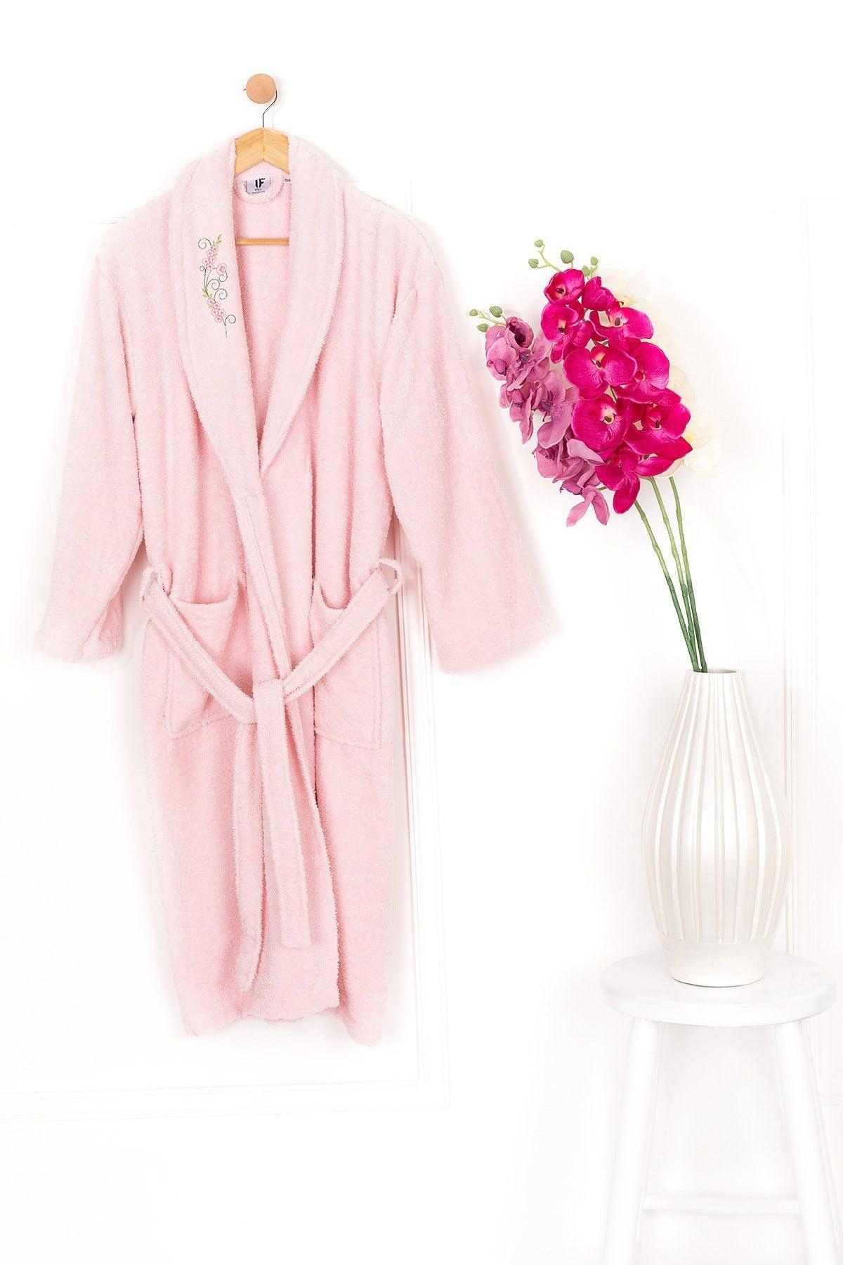 Salyaka Embroidered Bathrobe 100% Cotton Powder - Swordslife