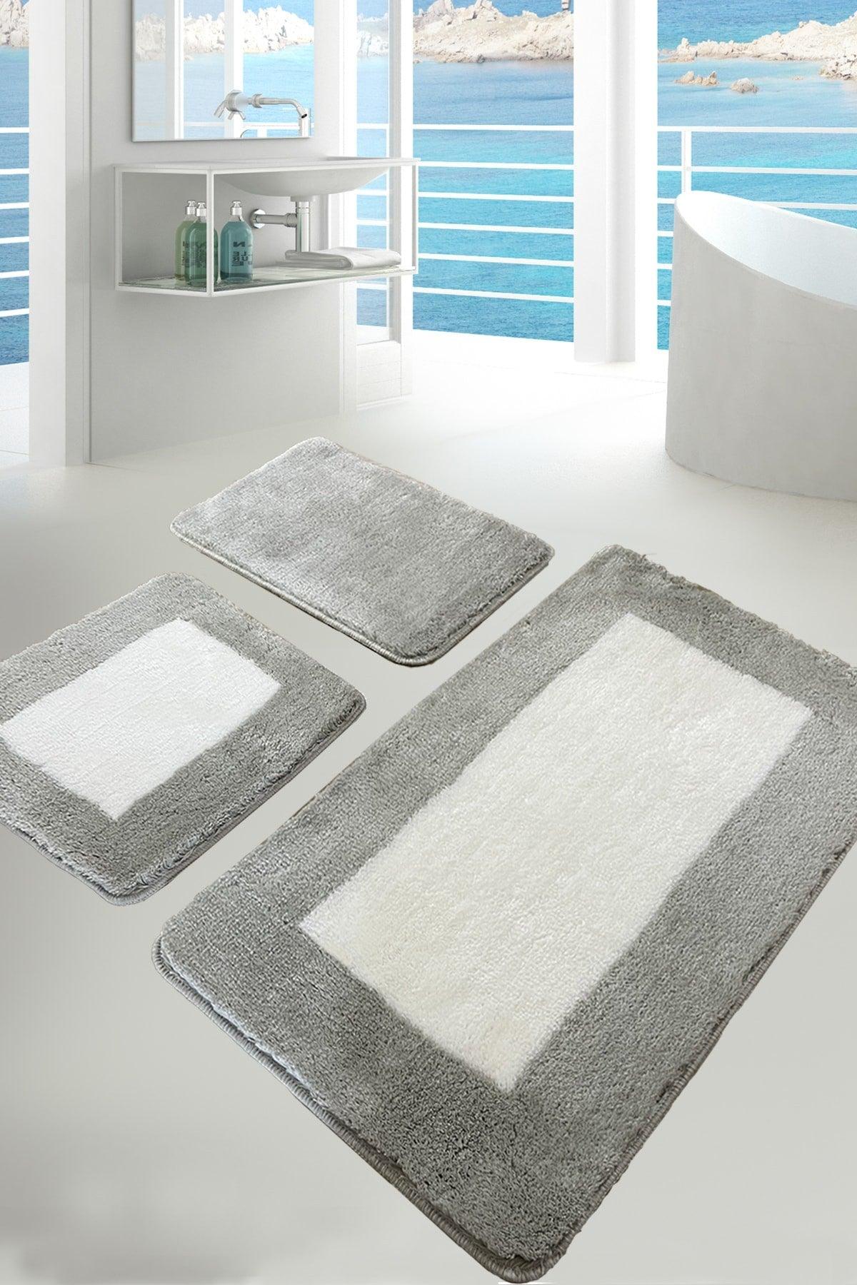 Same Gray 3 Pcs Set Bathroom Carpet Mat Non-Slip Base Washable - Swordslife