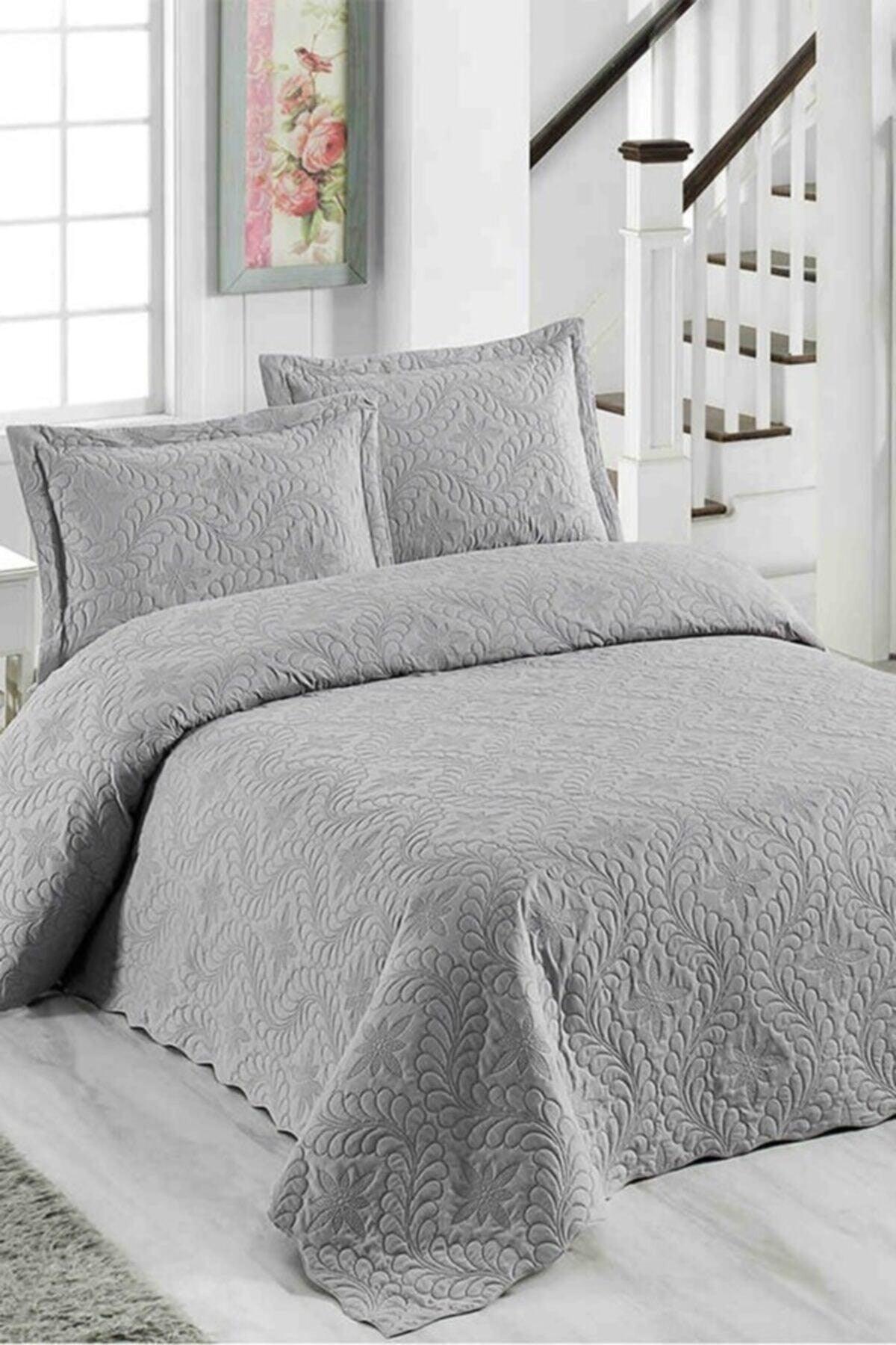 Sarmaşık Double Solid Color Bedspread Set - Light Gray - Swordslife