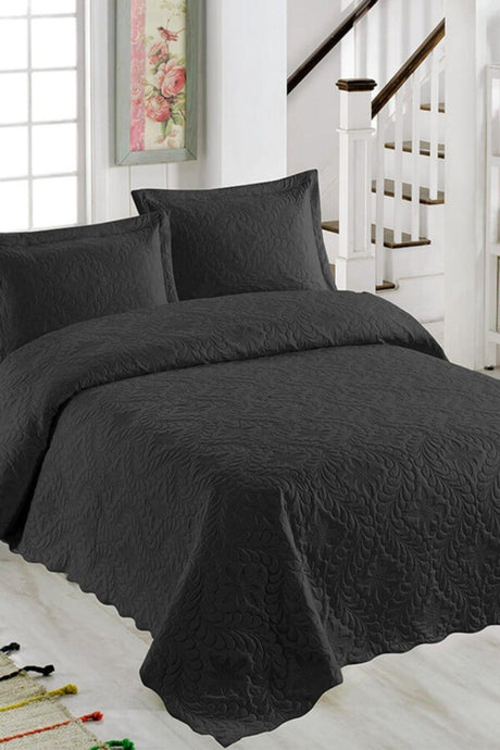 Sarmaşık Double Solid Color Bedspread Set - Black - Swordslife