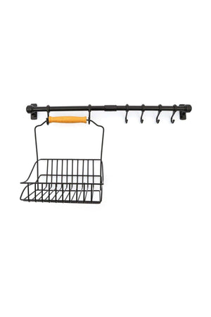 Schmiedeeisen Korb 20x20 + Wandschiene 6 Haken Bügel schwarz 50cm - Swordslife