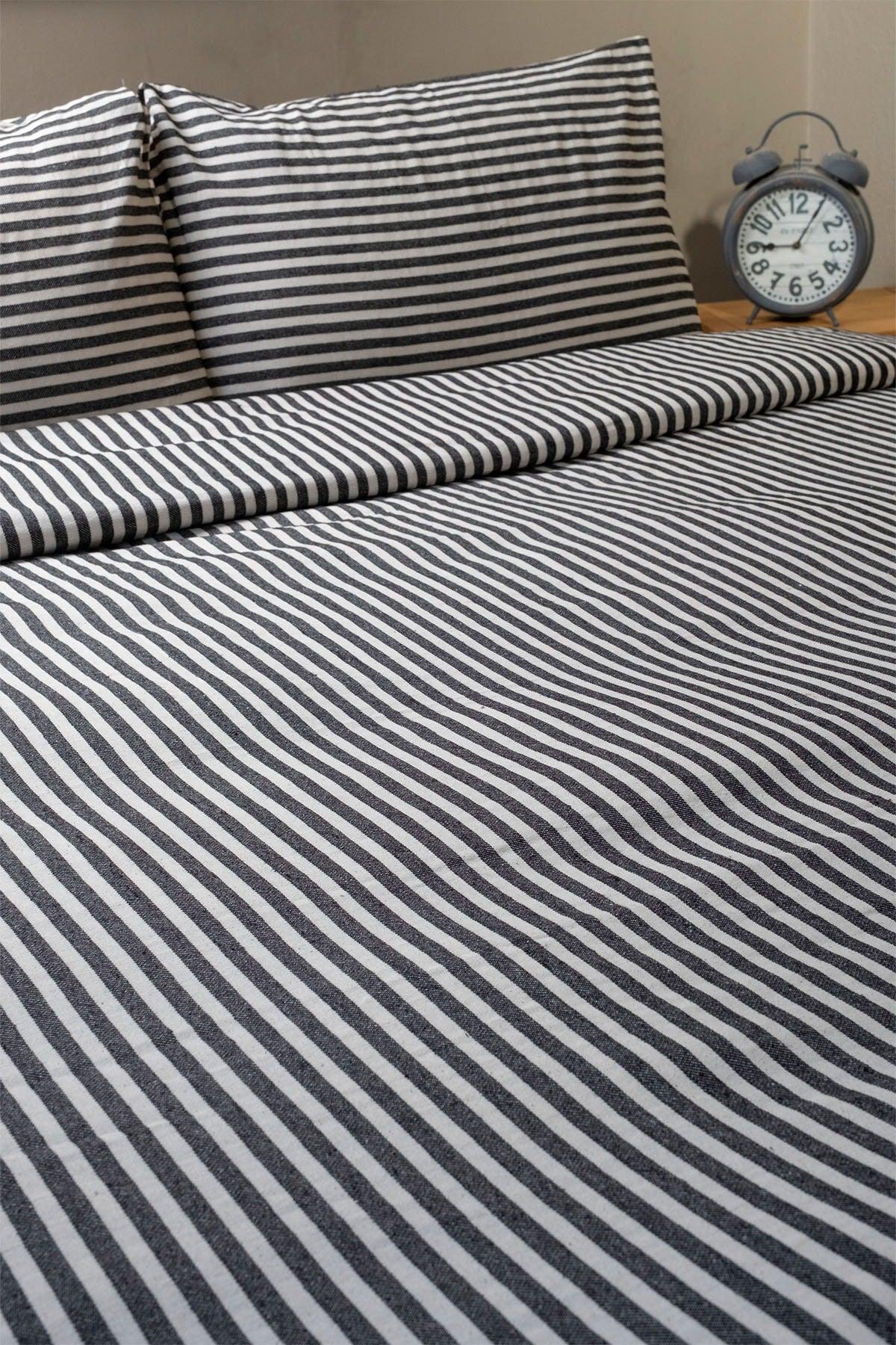 Black Striped Linen Double Duvet Cover
