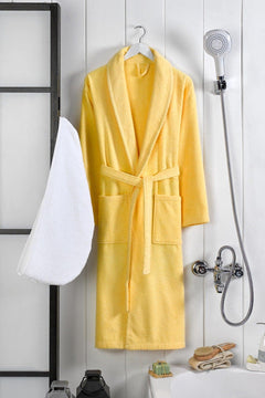 100% cotton bathrobe with built-in hair drying cap, standard size