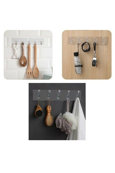 Self Adhesive Strong Transparent 5 Hanger Hanger - Behind Door Kitchen Wall Bathroom - Swordslife