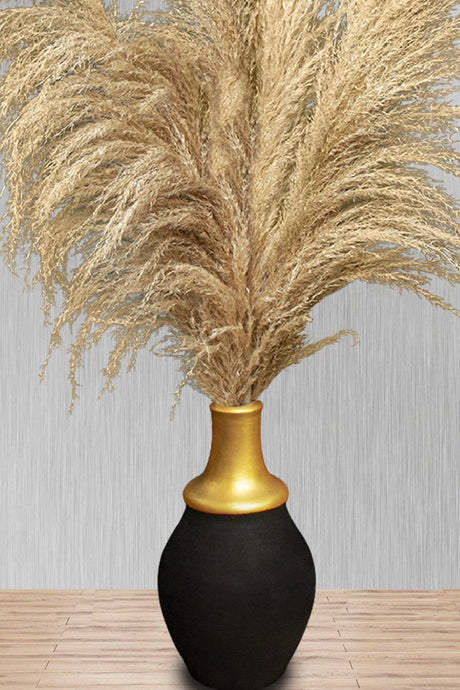 Ceramic Vase And 4 Pieces Cotton Pampas Metallic Yellow-Black/Cream - Swordslife