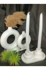 Set of 2 White Bohemian Vases + 2 Pieces Candle Holder and Candle Holder Plate - Swordslife