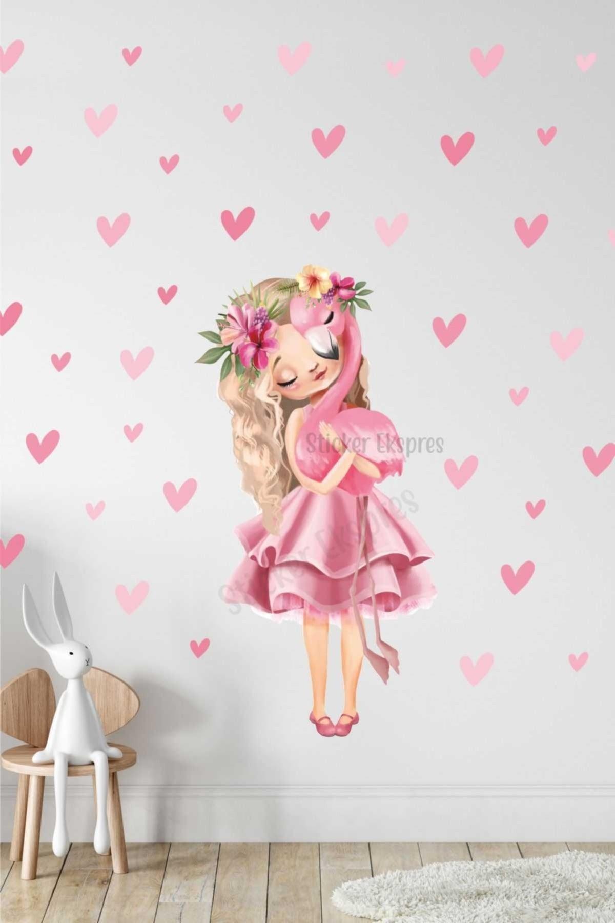 Loving Girl Flamingo And Hearts Kids Room Wall Sticker Set - Swordslife