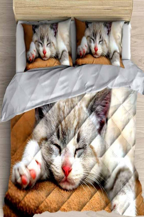 3d Patterned Double Microfiber Duvet Sleeping Set with Cute Sleeping Cat - Swordslife