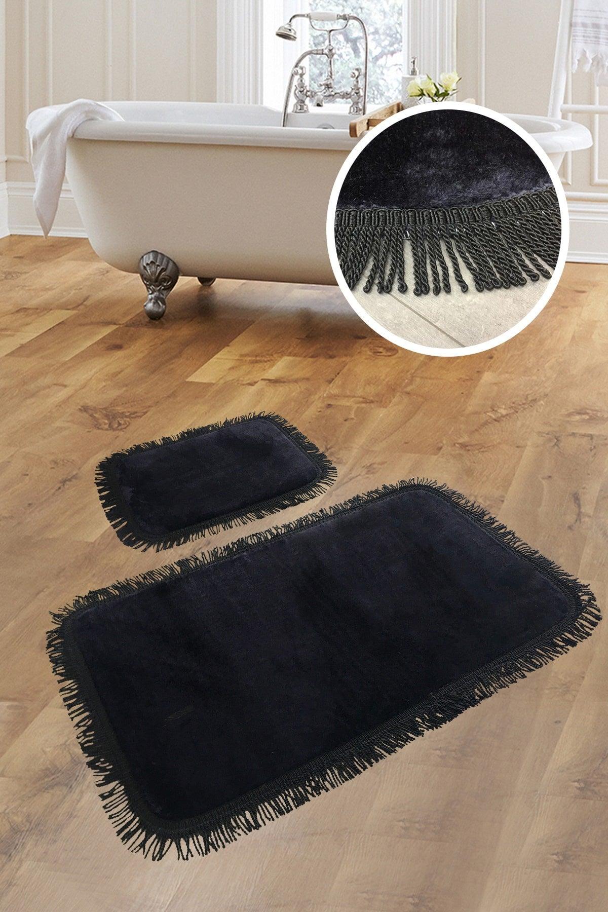 Shareton Cornered Black 2 Piece Bath Mat Set Twirl Fringed Tassel Closet Set - Swordslife