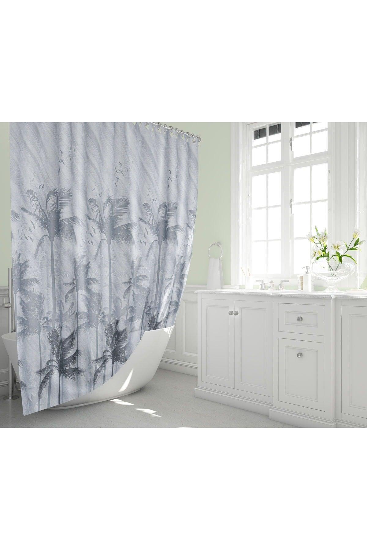 Shower Curtain-palm Pattern Bathroom Curtain, 180x200cm Single Wing Shower Curtain 12 Pieces C Ring Gift - Swordslife