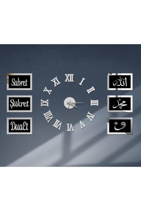 Silver Mirrored Plexiglass Clock And Black Background Silver Frame 6-Piece Patience, Gratitude, Pray Set Wall Board - Swordslife