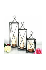 Black Decorative Set of 3 Wrought Iron Cage Lantern Candle Holder - Swordslife