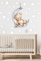 Cute Teddy Bear Sleeping On The Moon And White Stars Kids Baby Room Sticker Set - Swordslife