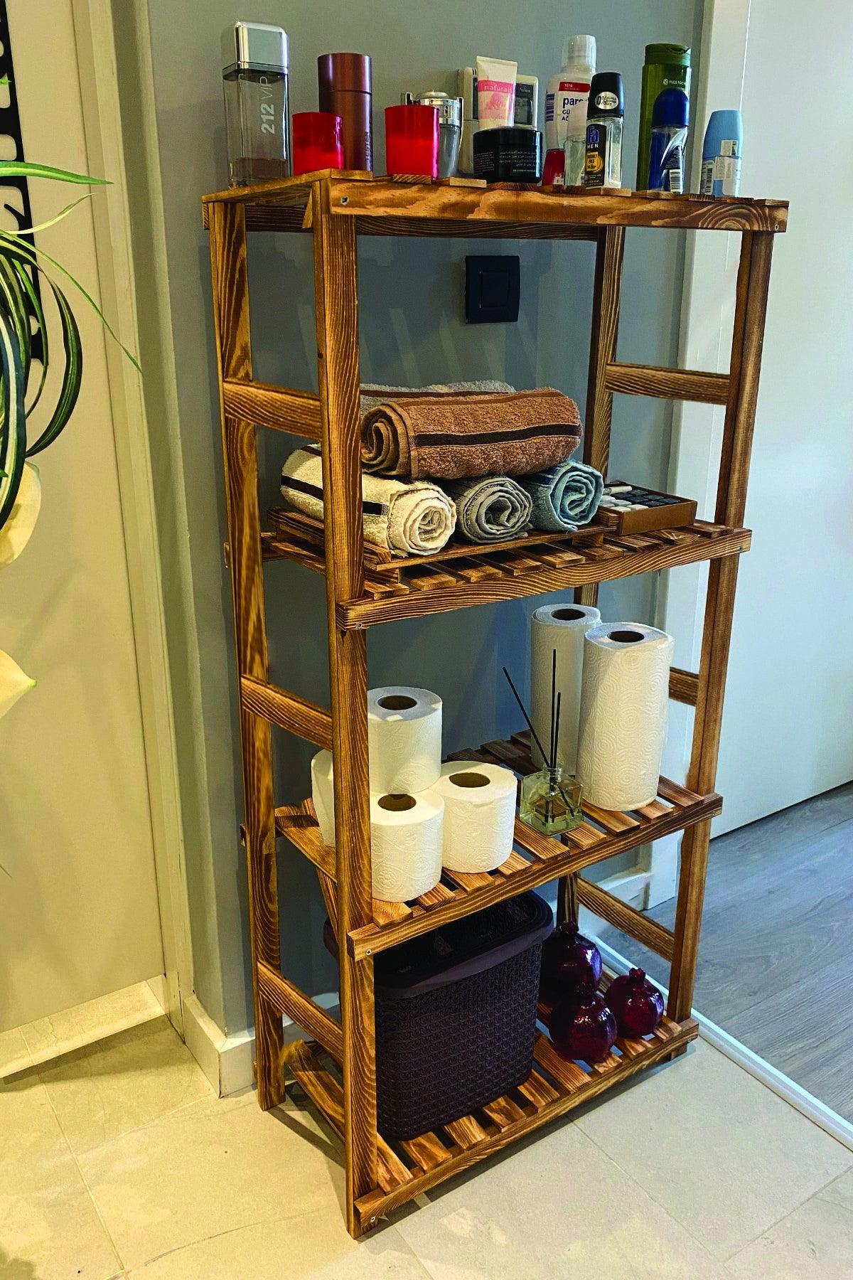 Solid Wood Decorative 4 Shelf Bathroom Shelf Walnutxl Mob115 - Swordslife