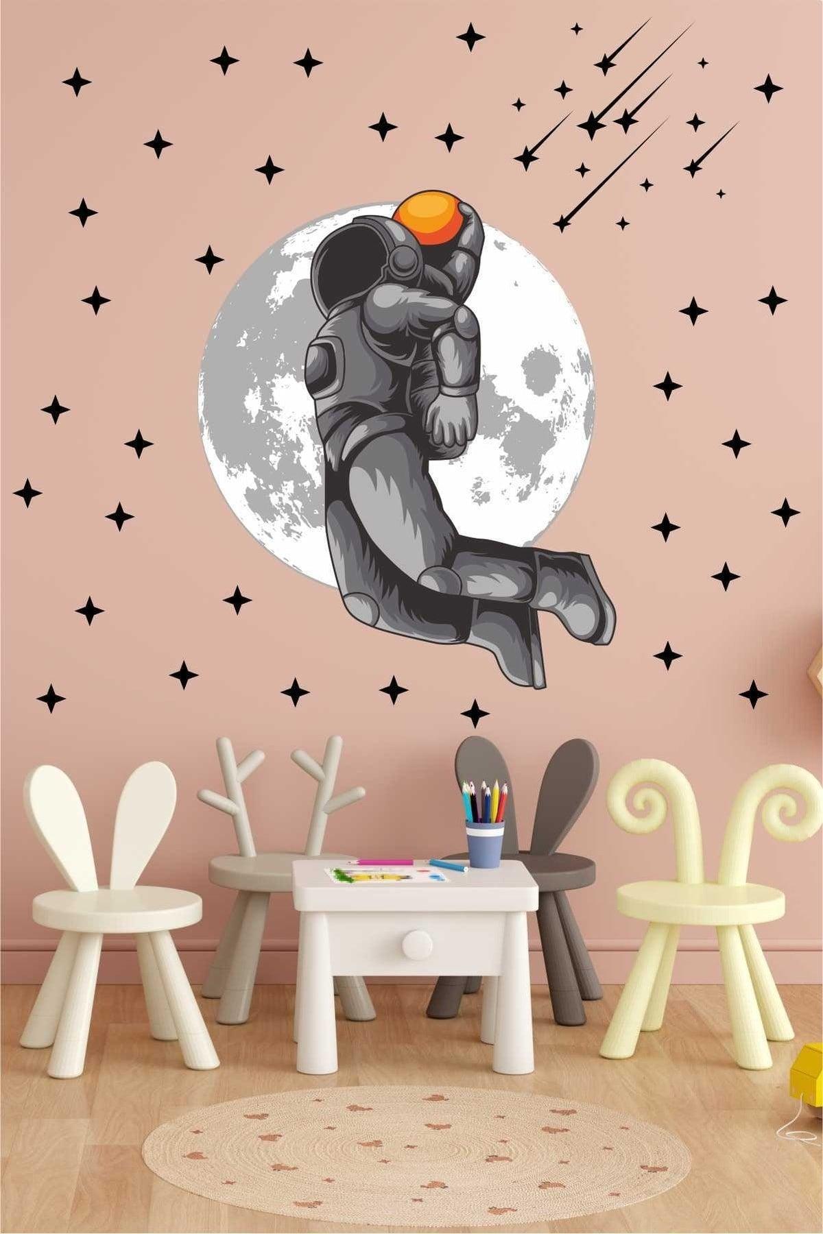 Astronaut and Stars Playing Basketball in Space Kids Room Wall Decoration Sticker - Swordslife