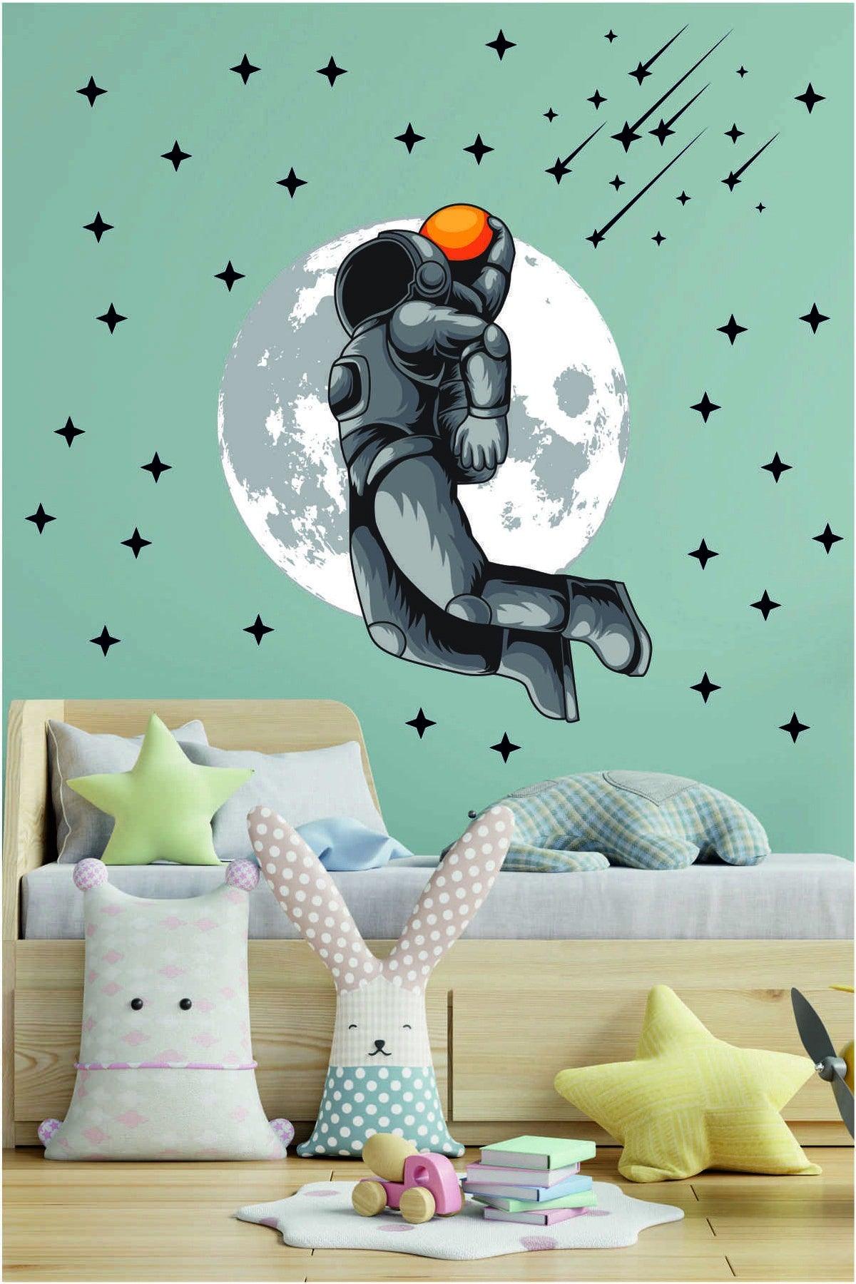 Astronaut and Stars Playing Basketball in Space Kids Room Wall Decoration Sticker - Swordslife