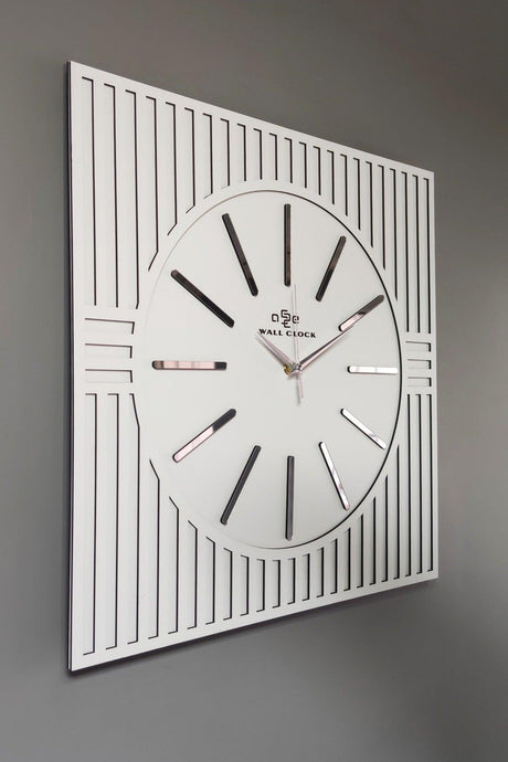 Square Line Pattern Mirror Plexi Decorative White&silver Wall Clock - Swordslife