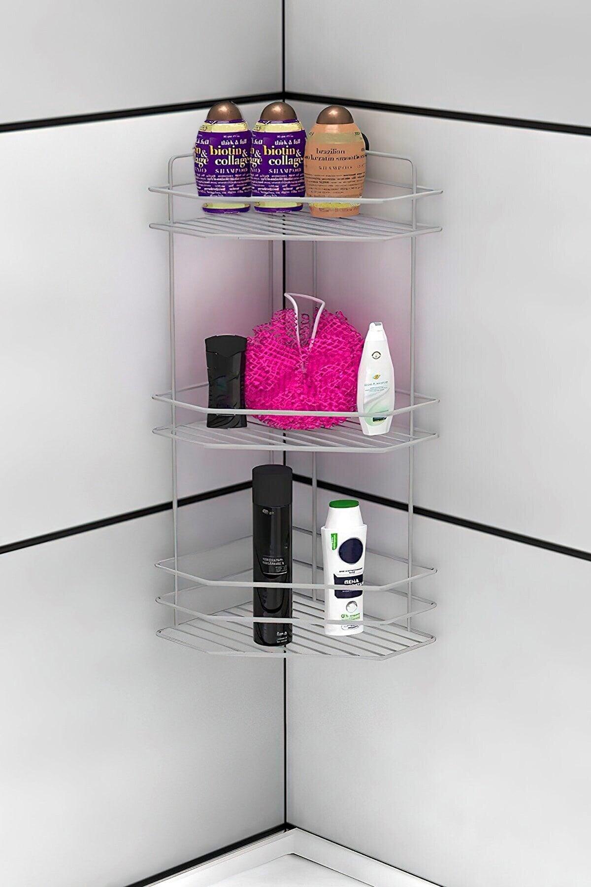 Stainless Adhesive 3 Layer Bathroom Corner Shampoo Holder Organizer No Drilling Chrome Yl-03 - Swordslife